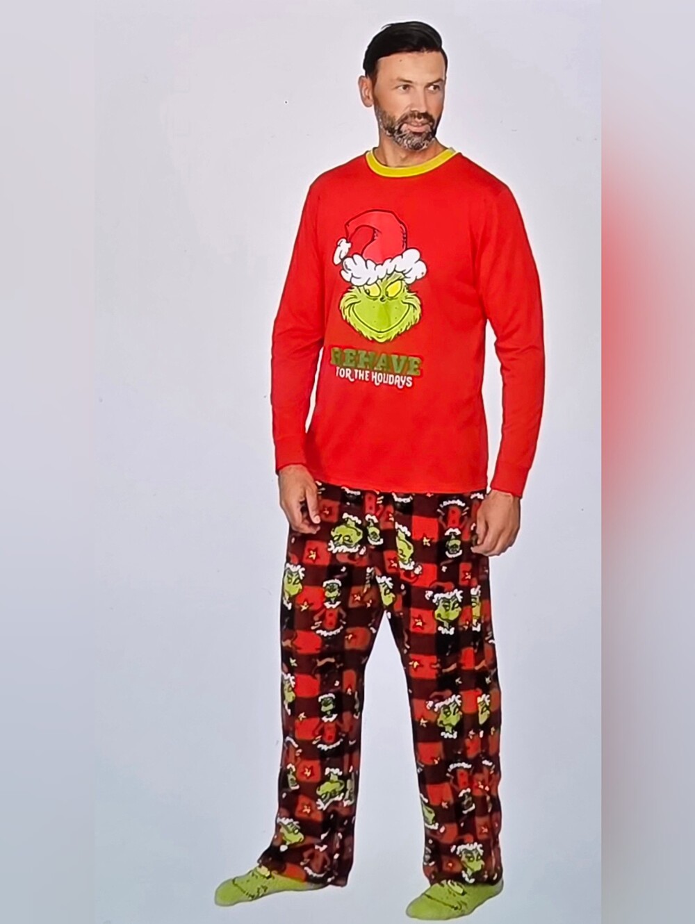 Mens Red Grinch Holiday Pajama Set Size XL BEHAVE FOR THE HOLIDAYS (M191)